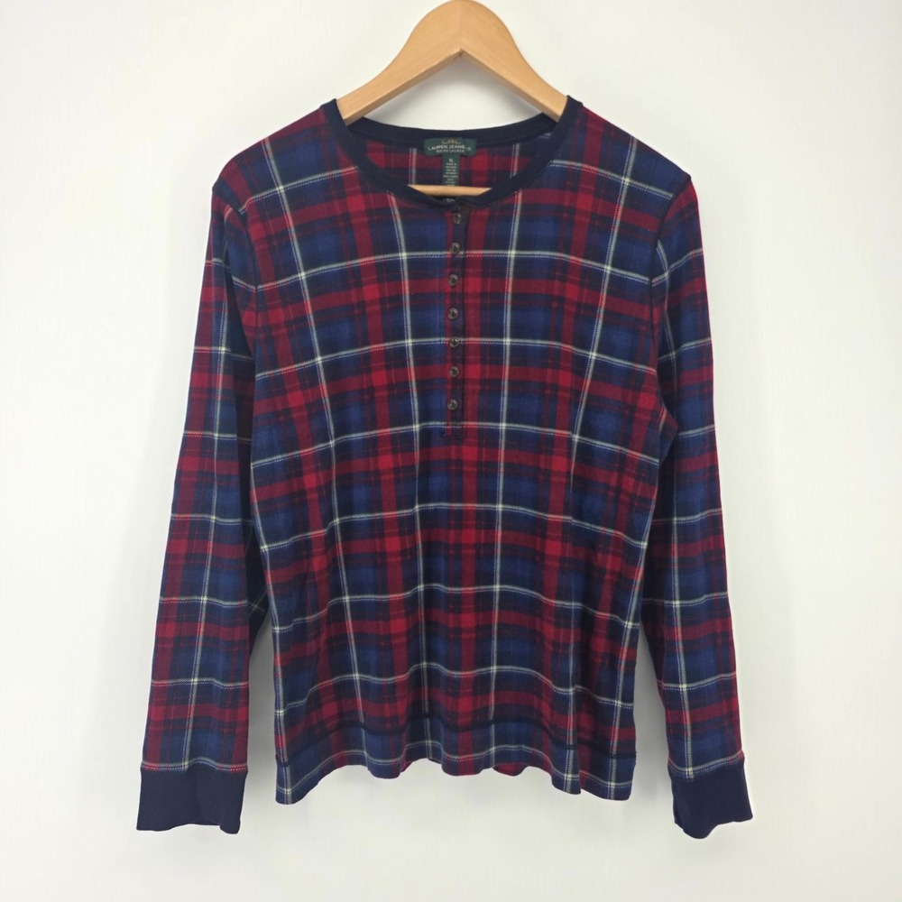 Lauren Jeans Co Ralph Lauren Henley XL Blue Red Plaid Faux Suede Elbow Patch Top